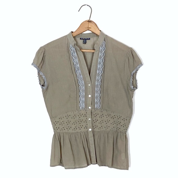 Vintage FANG Olive Green Lace Detail Eyelet Ruffle Blouse Semi-Sheer Boho S - Picture 9 of 16